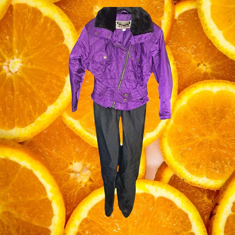 VTG Ossi Skiwear Full Ski‎ Suit Purple and Black with Faux Fur Collar Size12